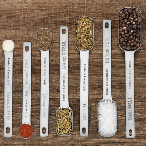 Square, narrow Hudson Essentials spoons fit into spice jars for easy access