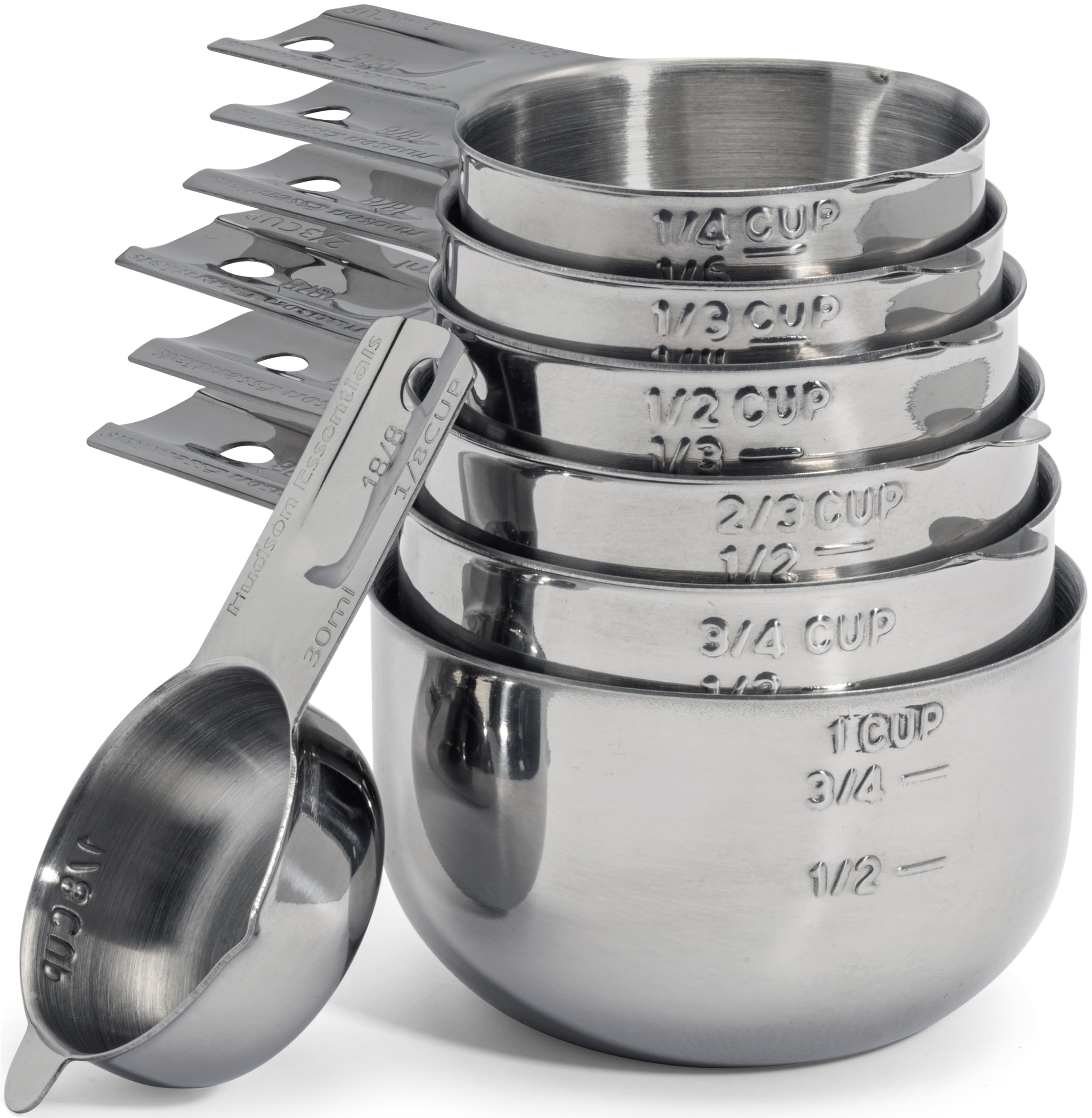 Hudson Essentials stainless steel measuring cups with pour spout for spill-free transfers.