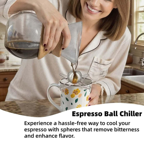 Huease espresso ball in mug cooling shot for rich flavor retention.