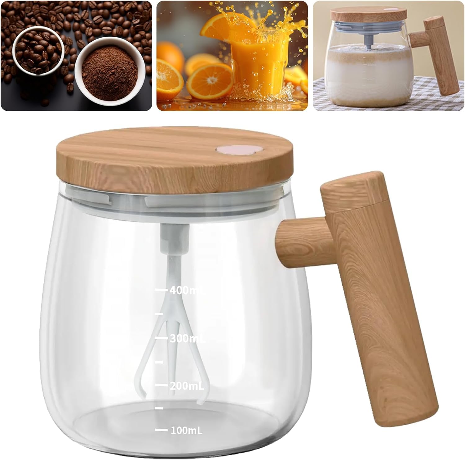 HUFATWINS self stirring mug front view shows glass body and easy-grip handle for quick beverages.