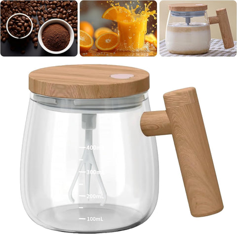 HUFATWINS self stirring mug front view shows glass body and easy-grip handle for quick beverages.