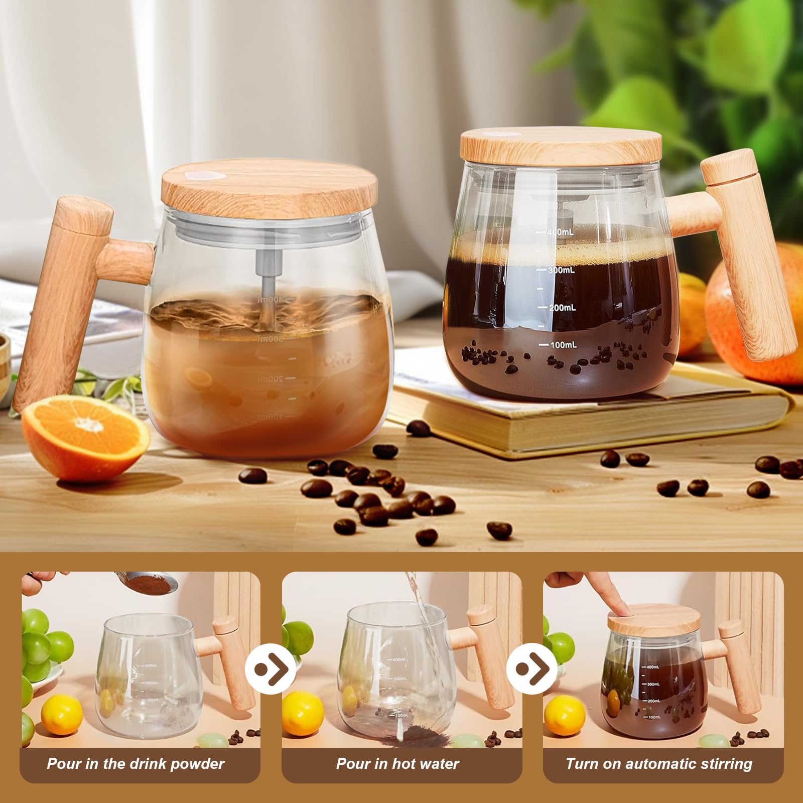 HUFATWINS self stirring mug glass body withstands temperature changes during hot drinks.
