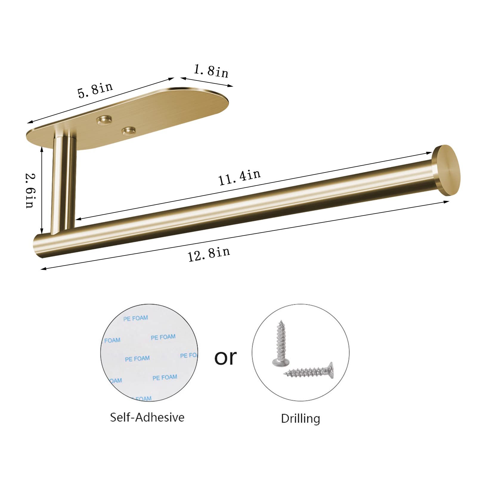 HUFEEOH gold finish paper towel holder with mounting plate, dimension-focused view.