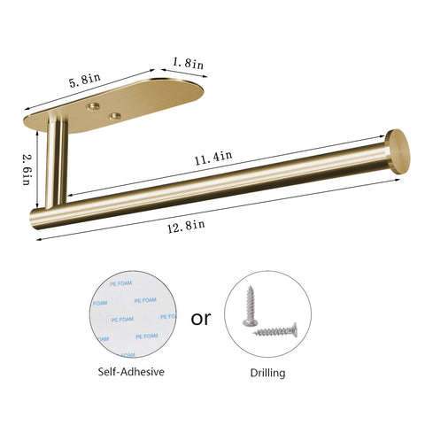 HUFEEOH gold finish paper towel holder with mounting plate, dimension-focused view.