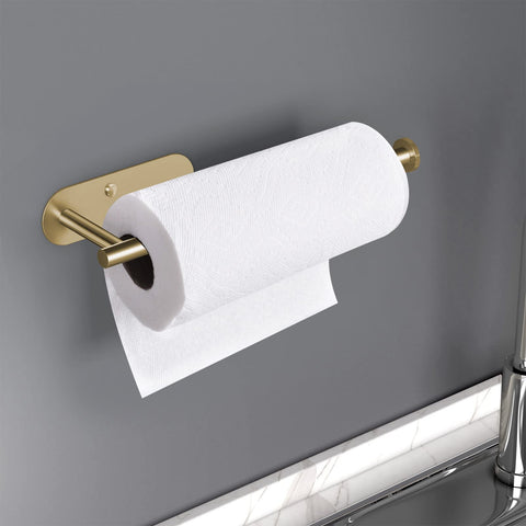 HUFEEOH gold paper towel holder wall mount close-up, highlighting sturdy construction.