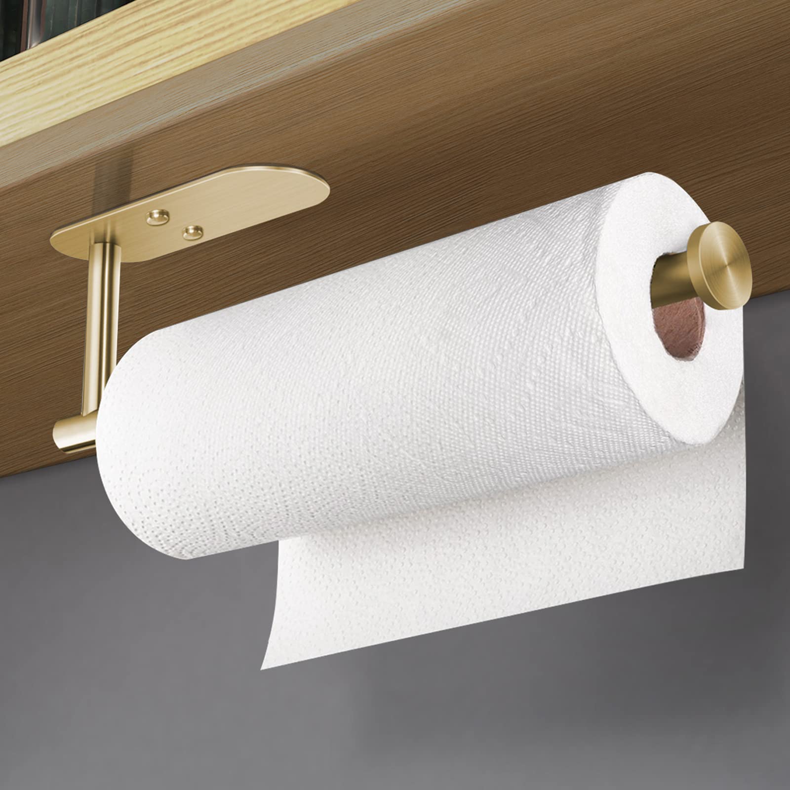 HUFEEOH stainless steel paper towel bar, under-cabinet mount close-up for durable use.