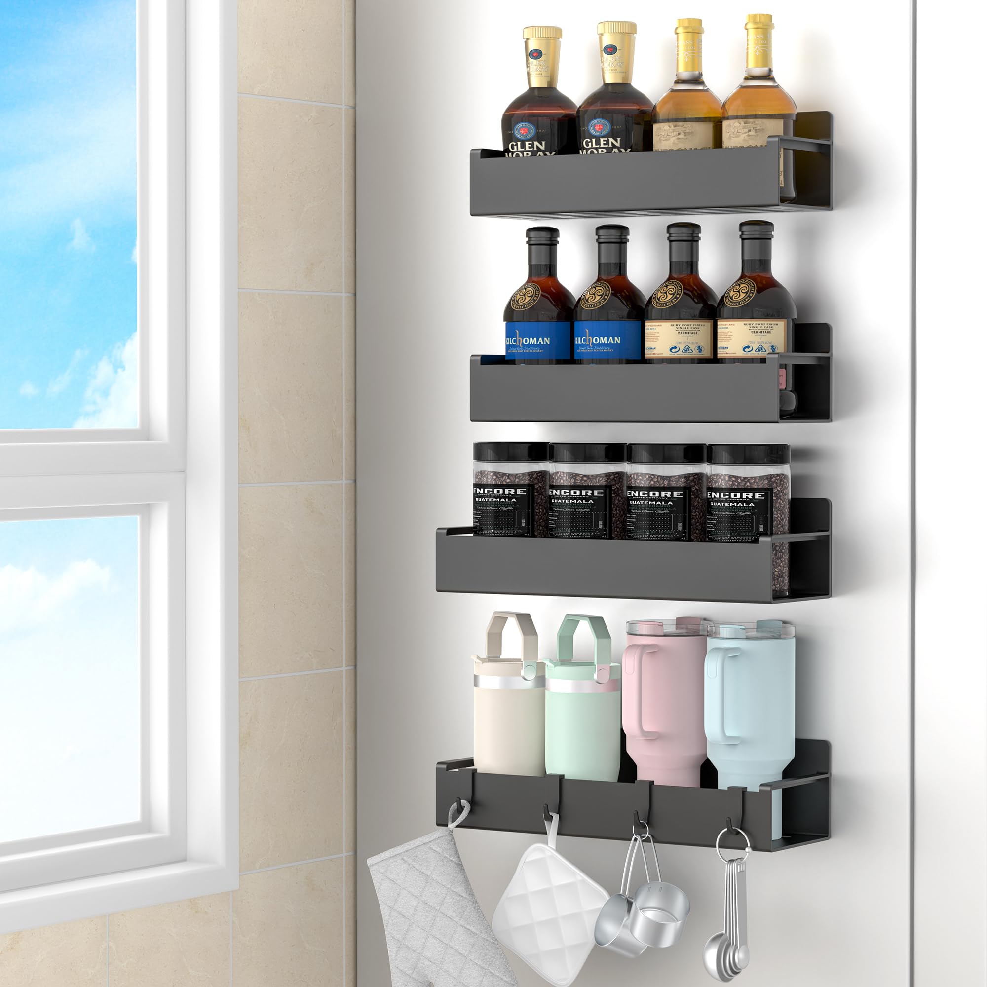 HuggieGems four-pack magnetic spice rack side-mount keeps spices within easy reach.