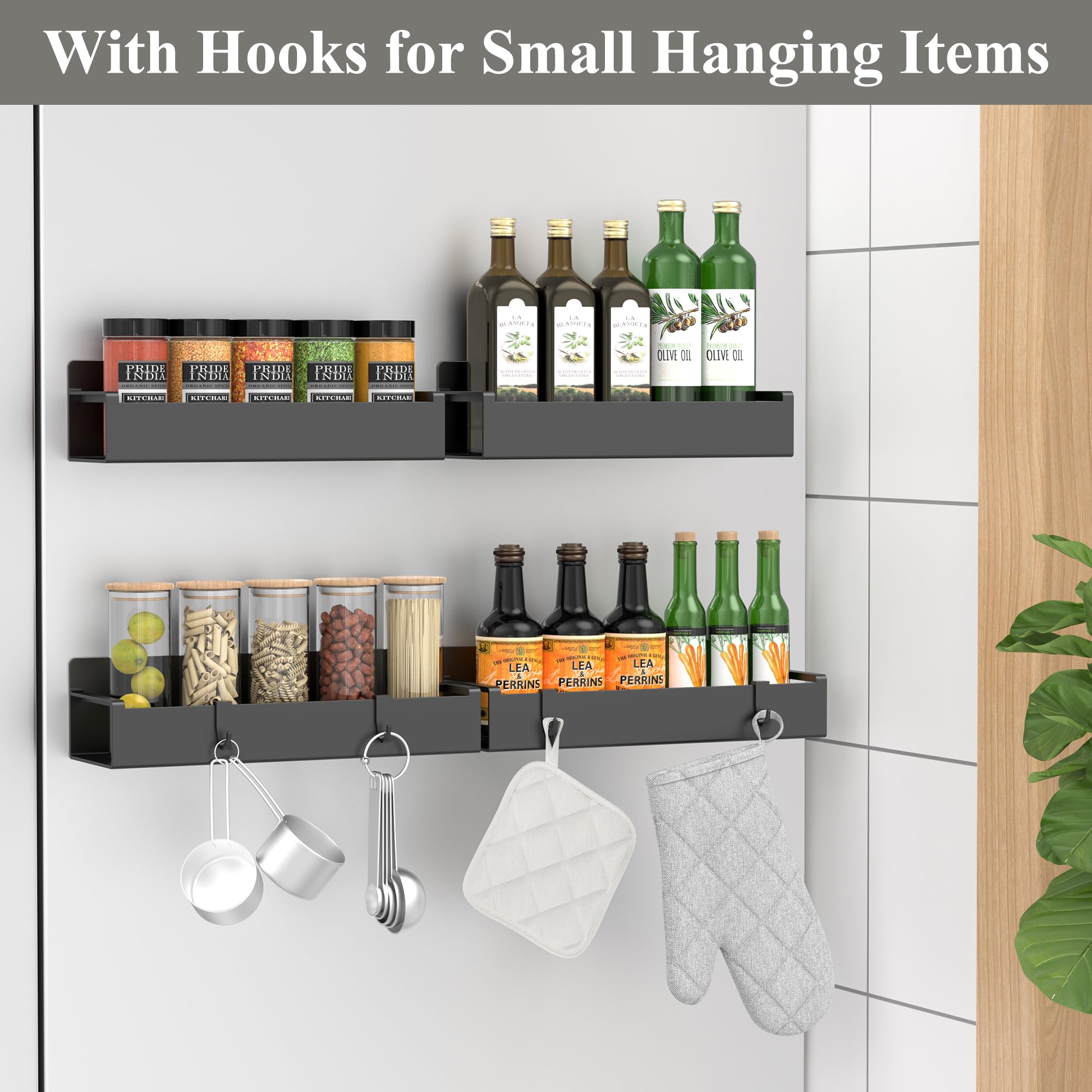 HuggieGems black fridge organizer for spices saves counter space and reduces clutter.