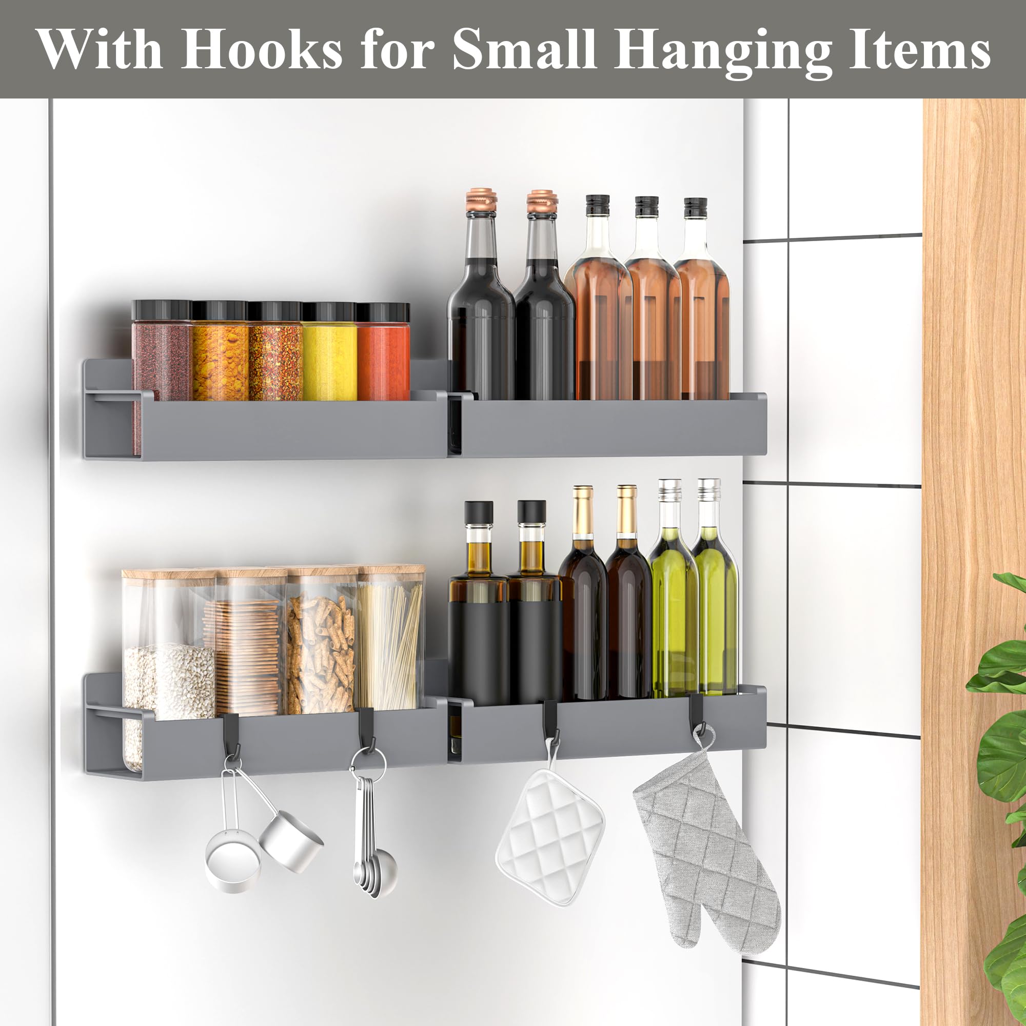 HuggieGems dark grey spice rack magnet mounted on fridge provides sturdy storage.