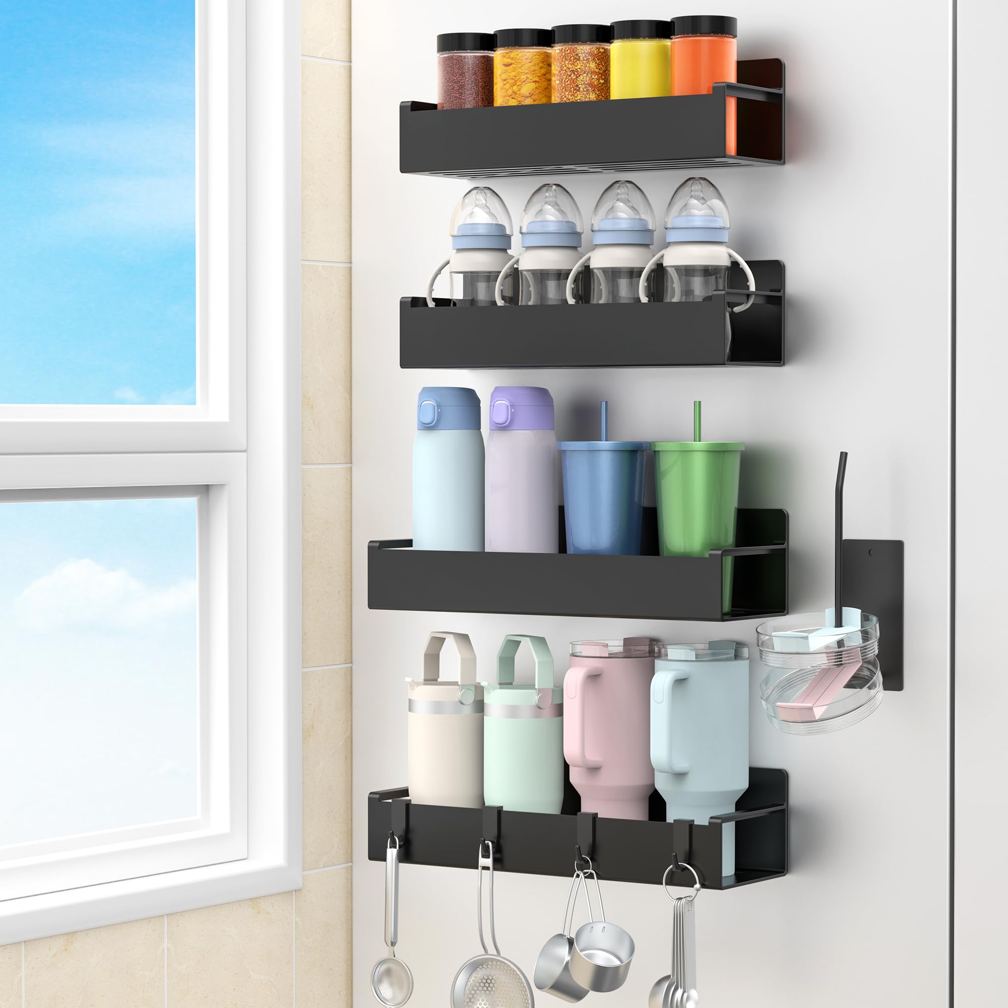 HuggieGems magnetic fridge cup holder on door keeps cups organized and accessible