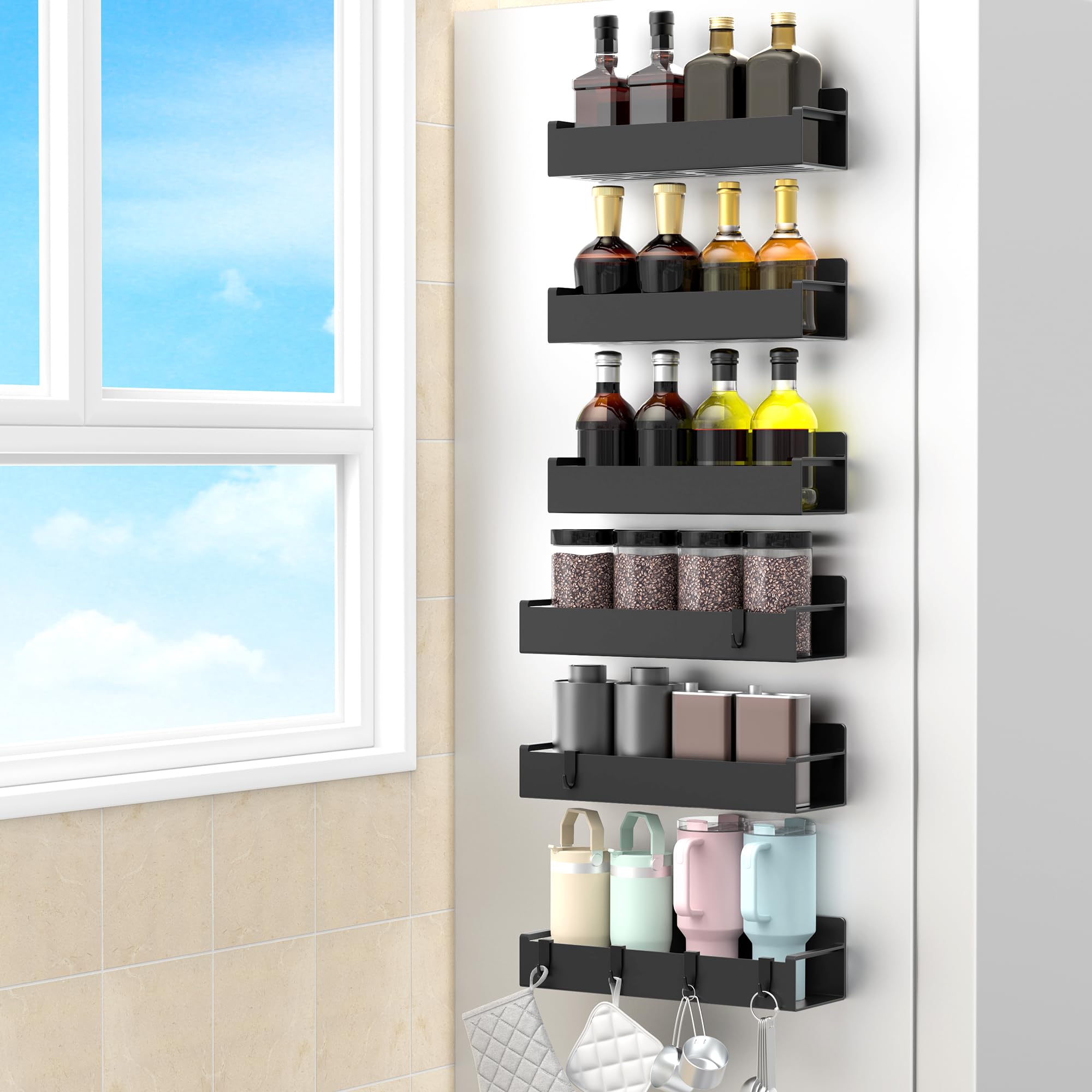 HuggieGems magnetic spice rack on fridge offers quick spice access.