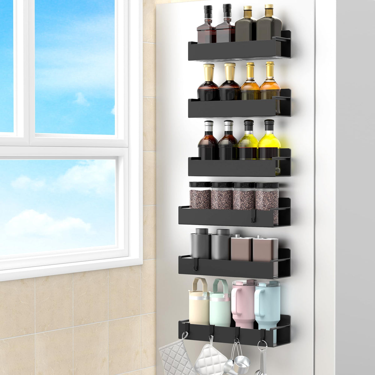 HuggieGems magnetic spice rack on fridge offers quick spice access.