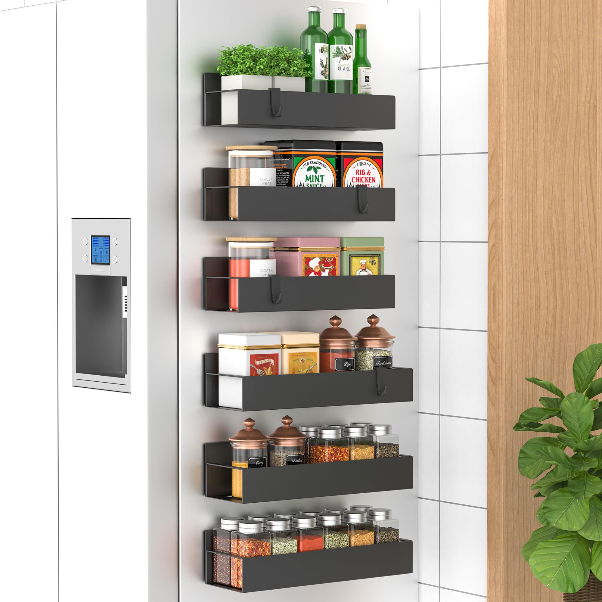 HuggieGems magnetic spice rack mounted on fridge side for quick access while cooking