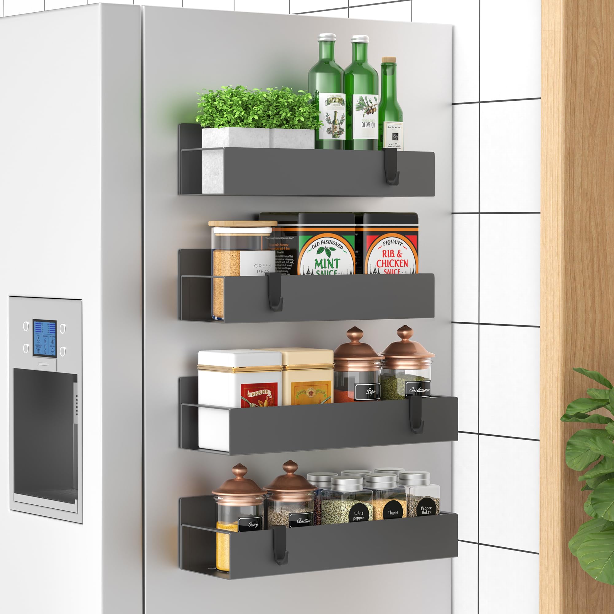 HuggieGems magnetic spice rack side-mount keeps spices accessible and organized.