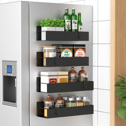 HuggieGems magnetic spice rack side mount keeps jars accessible on the fridge.