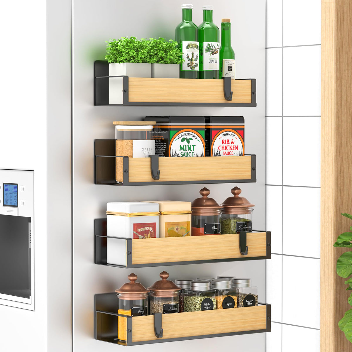 HuggieGems magnetic spice rack on refrigerator door keeps jars within sight for quick seasoning