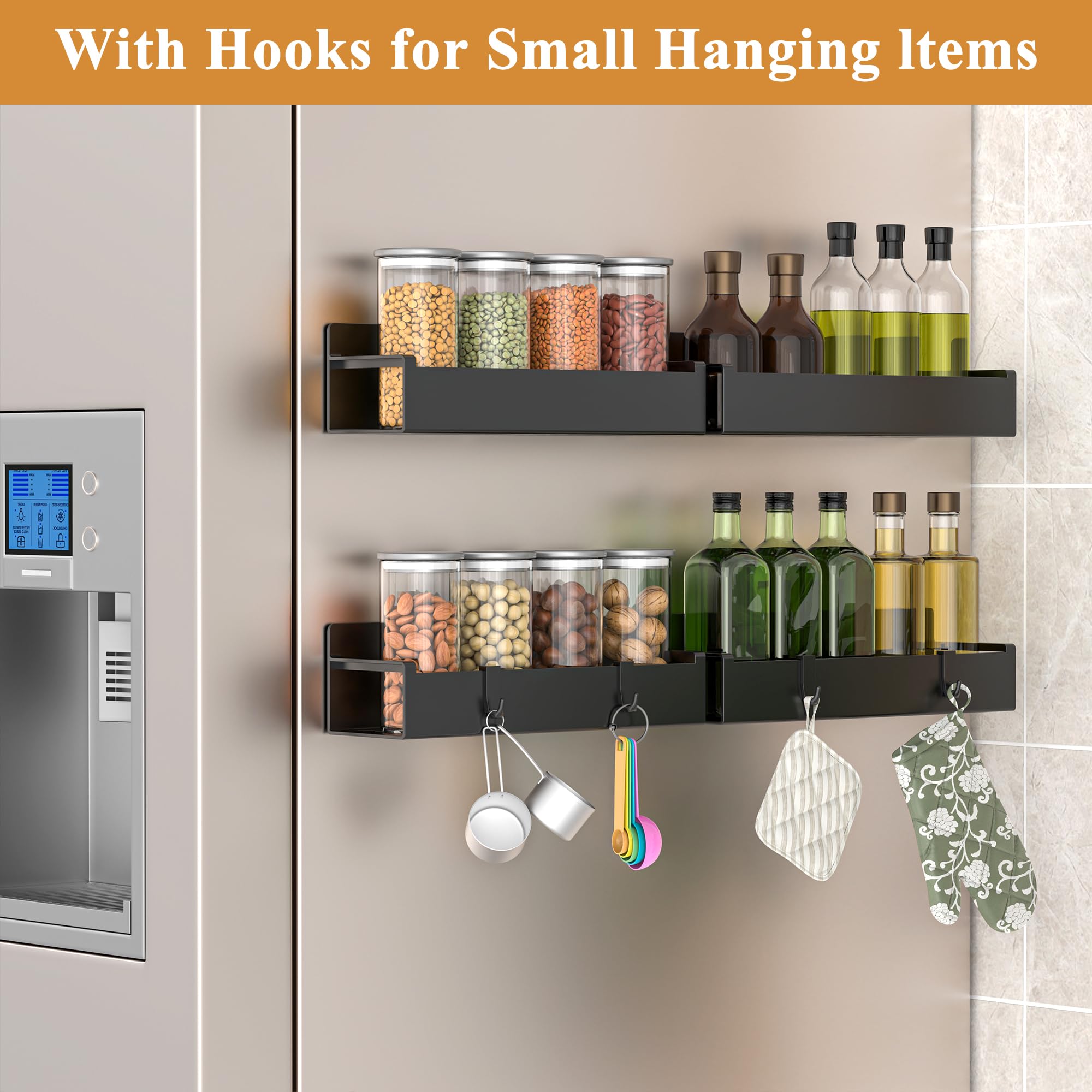 HuggieGems matt black fridge organizer keeps spices accessible and tidy.