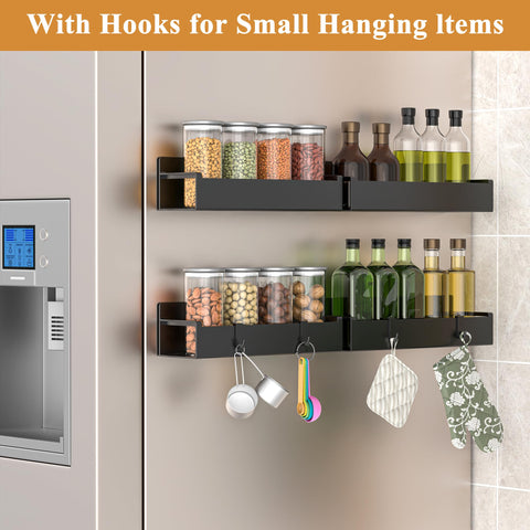 HuggieGems matt black fridge organizer keeps spices accessible and tidy.