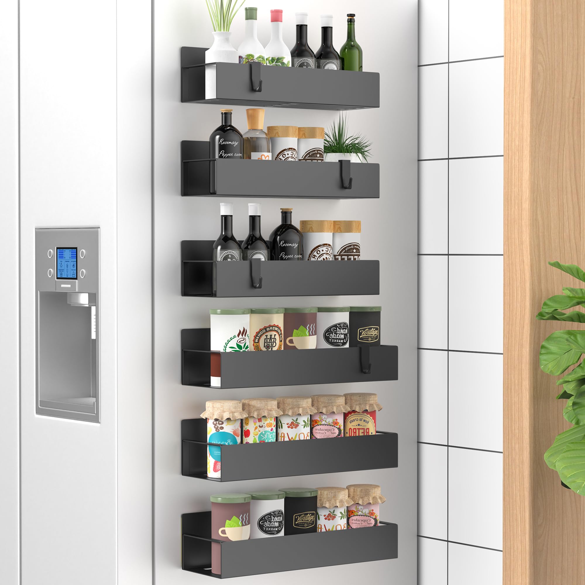 HuggieGems matte black spice rack 6-pack on fridge shelf provides quick access to spices.