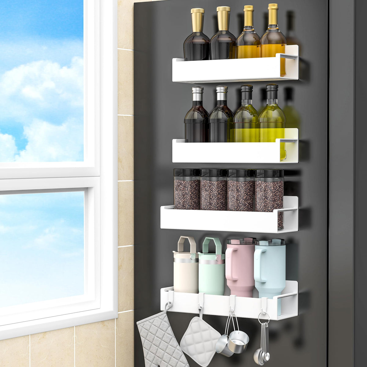 HuggieGems magnetic spice rack on fridge side for strong bottle hold