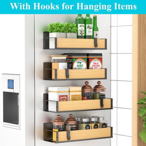 HuggieGems wooden fridge organizer elevates spice storage with sturdy magnets for durable kitchen use