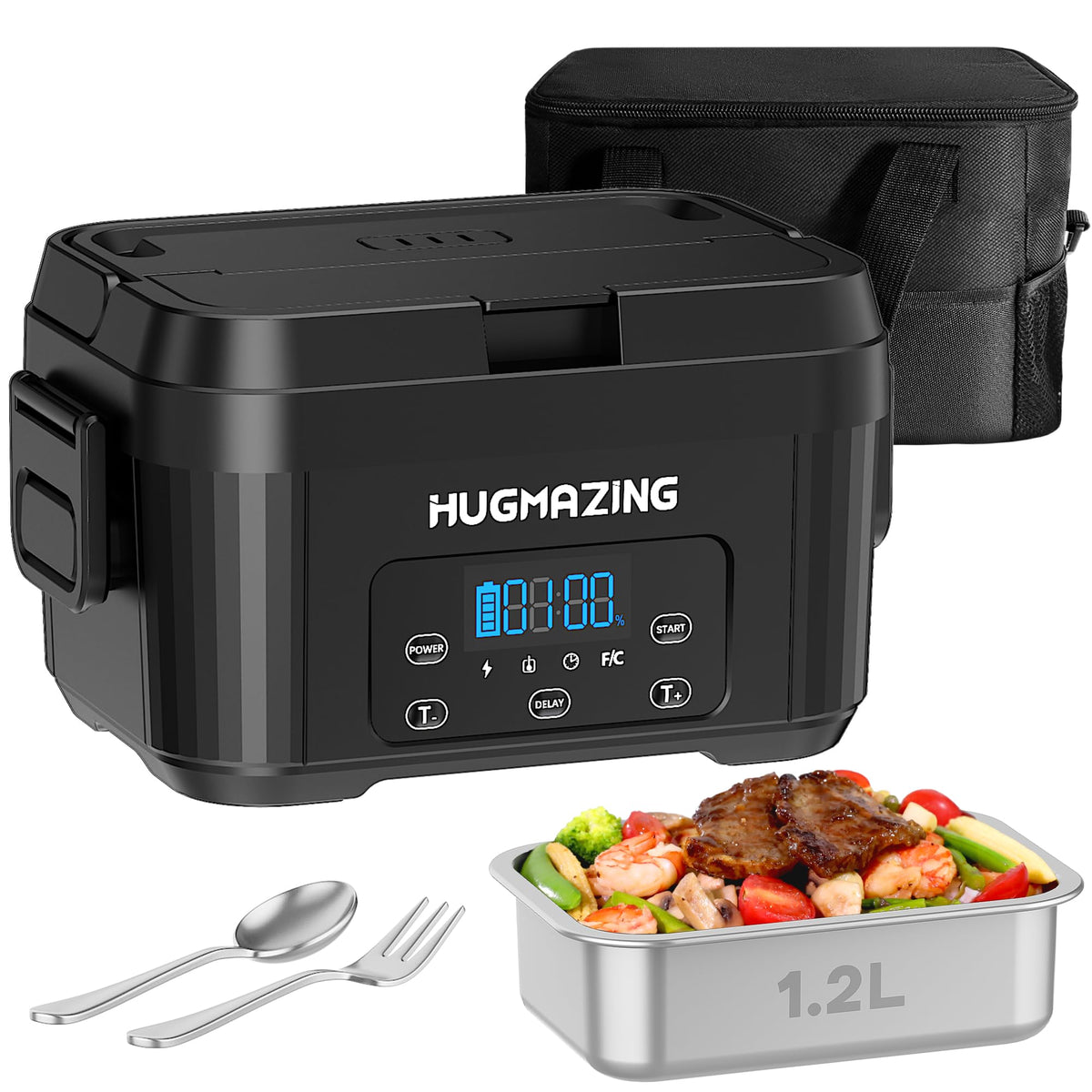Hugmazing cordless lunch box 1.2L container ready for on-the-go warm meals.