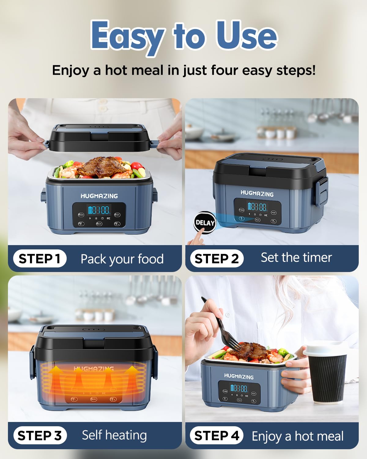 Hugmazing lunch box with preheat delay function for scheduled mealtimes.