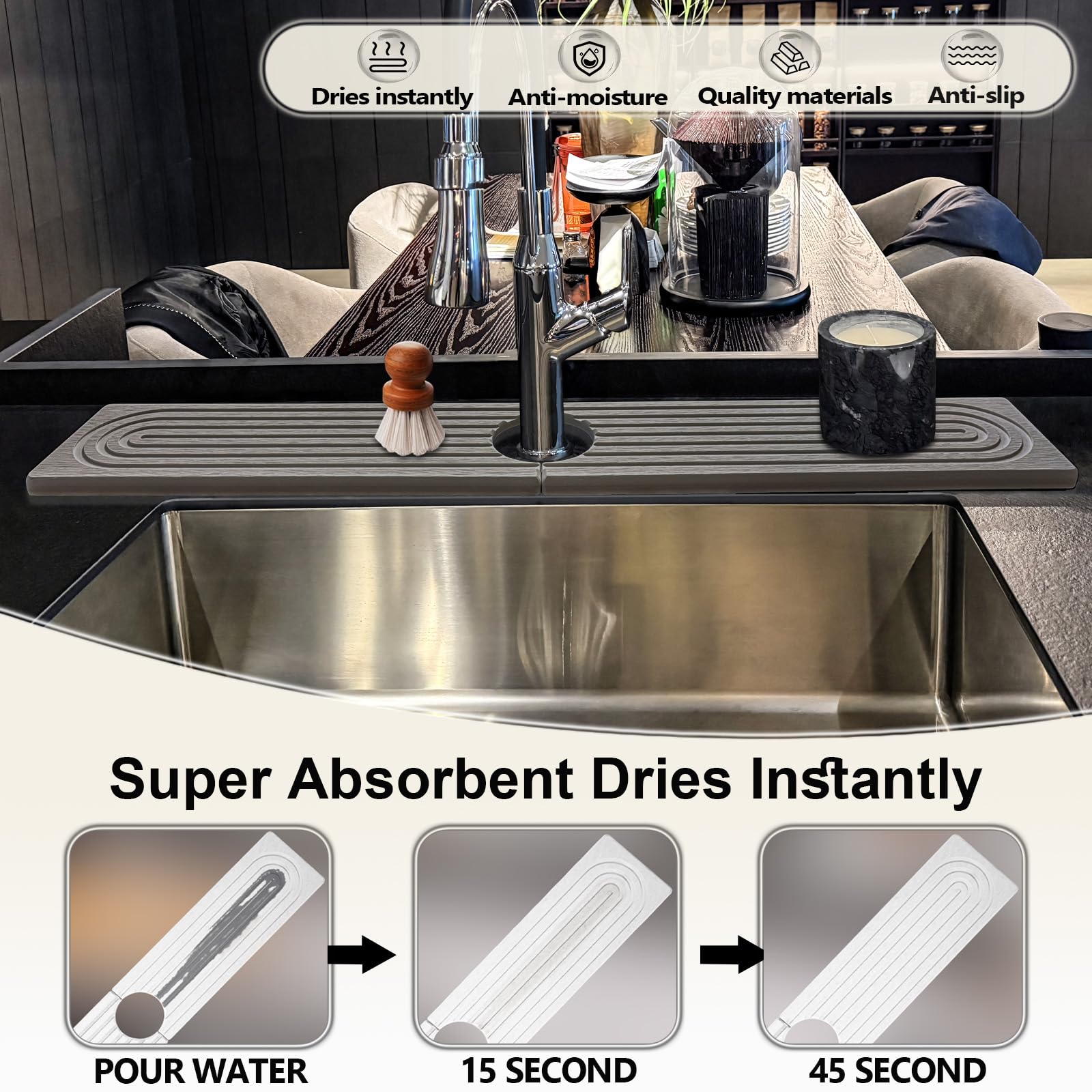 HUHAYUYA diatomite absorbent mat capturing water near the sink