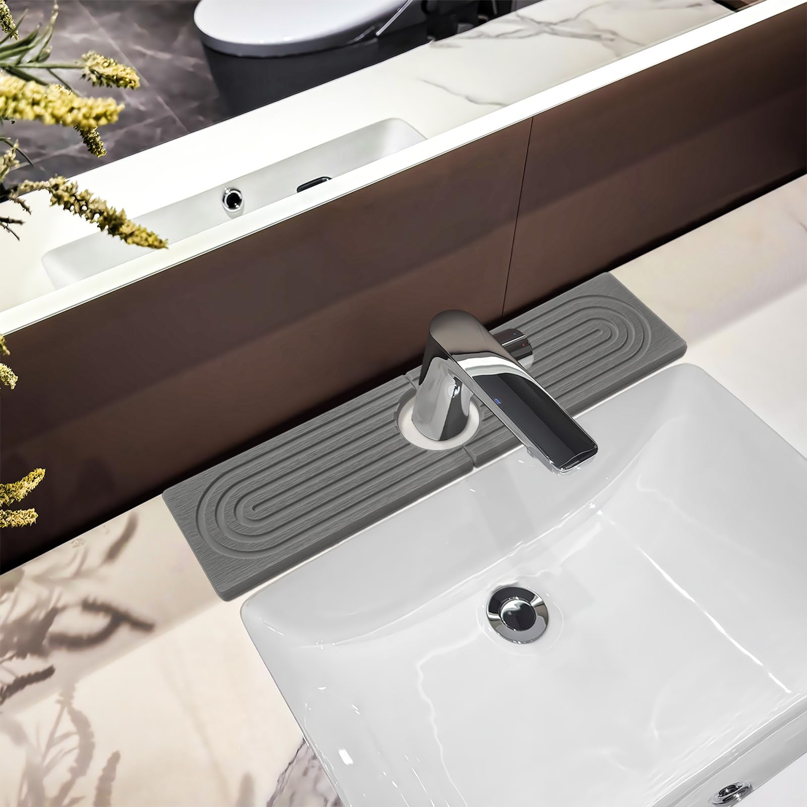 HUHAYUYA stone faucet mat in gray around a kitchen sink shows dry surface and clean look