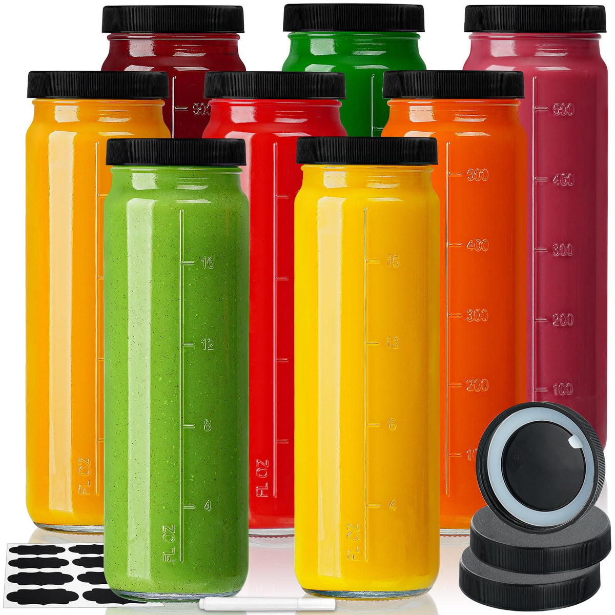 Huichuiero 8-pack glass juicing bottles with airtight lids for leak-free transport.