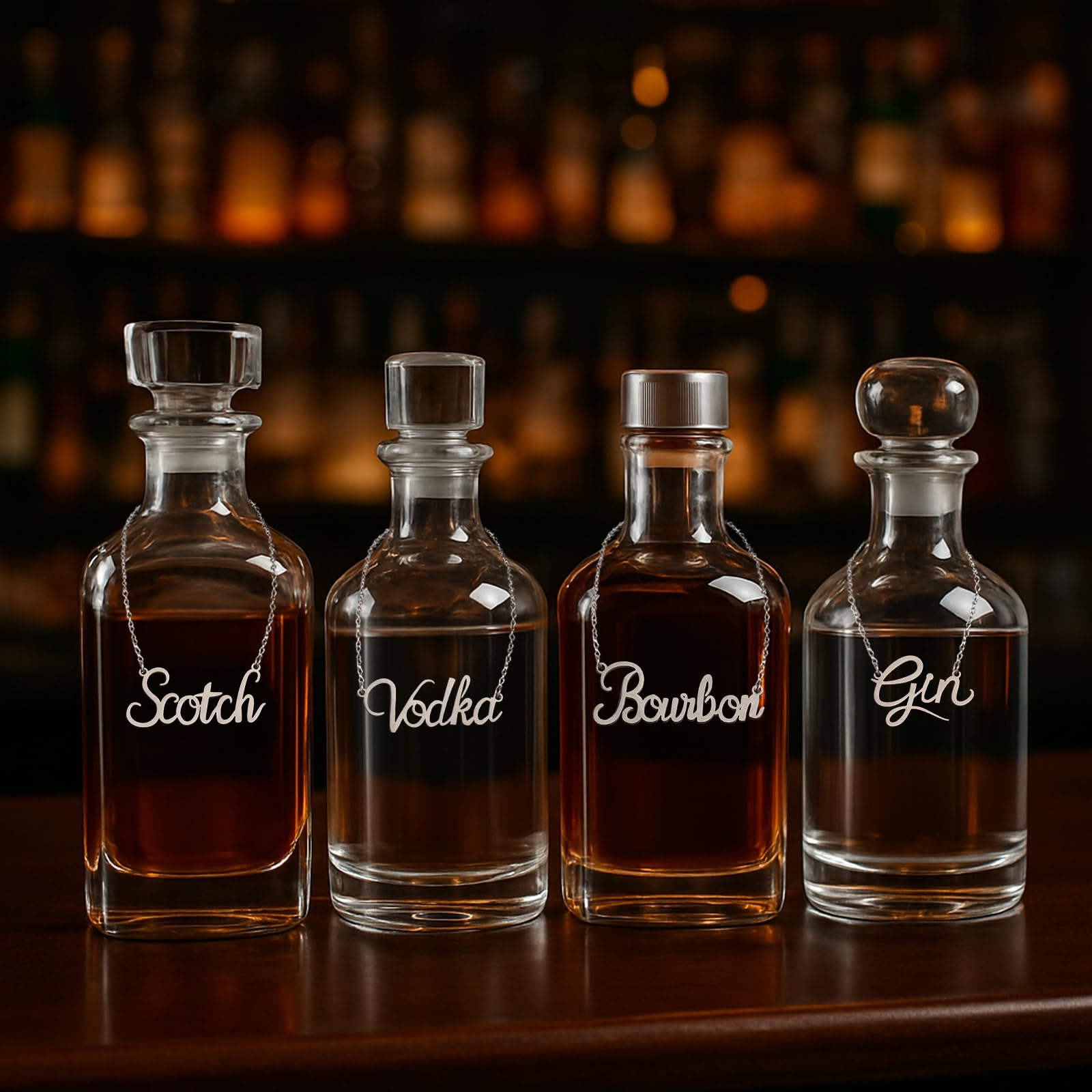Huiflyer Bourbon label necklace for quick identification during tastings.