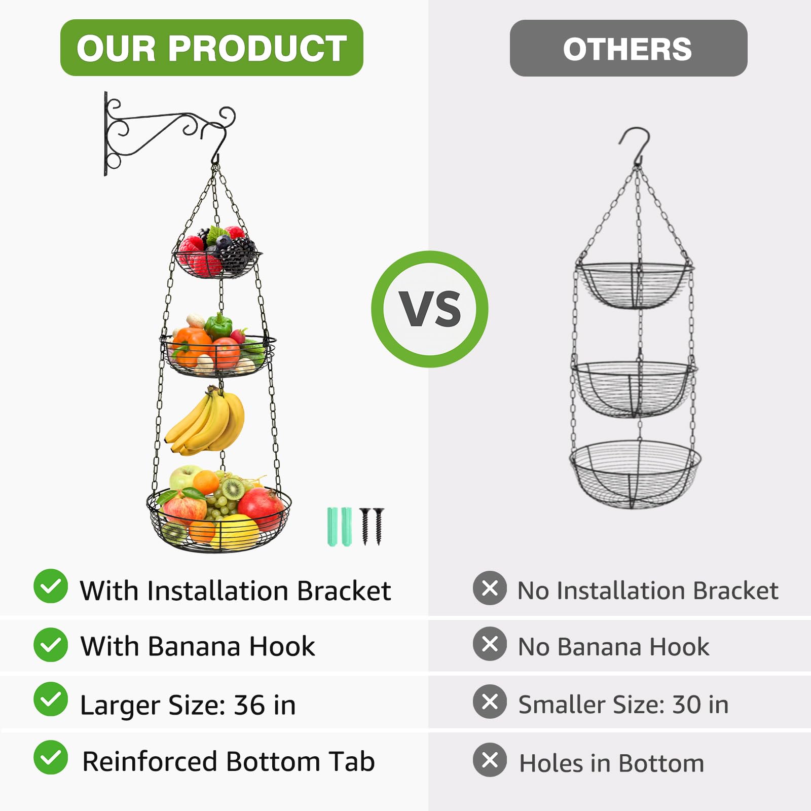 Fruit and snack display using the HULISEN hanging basket in a kitchen