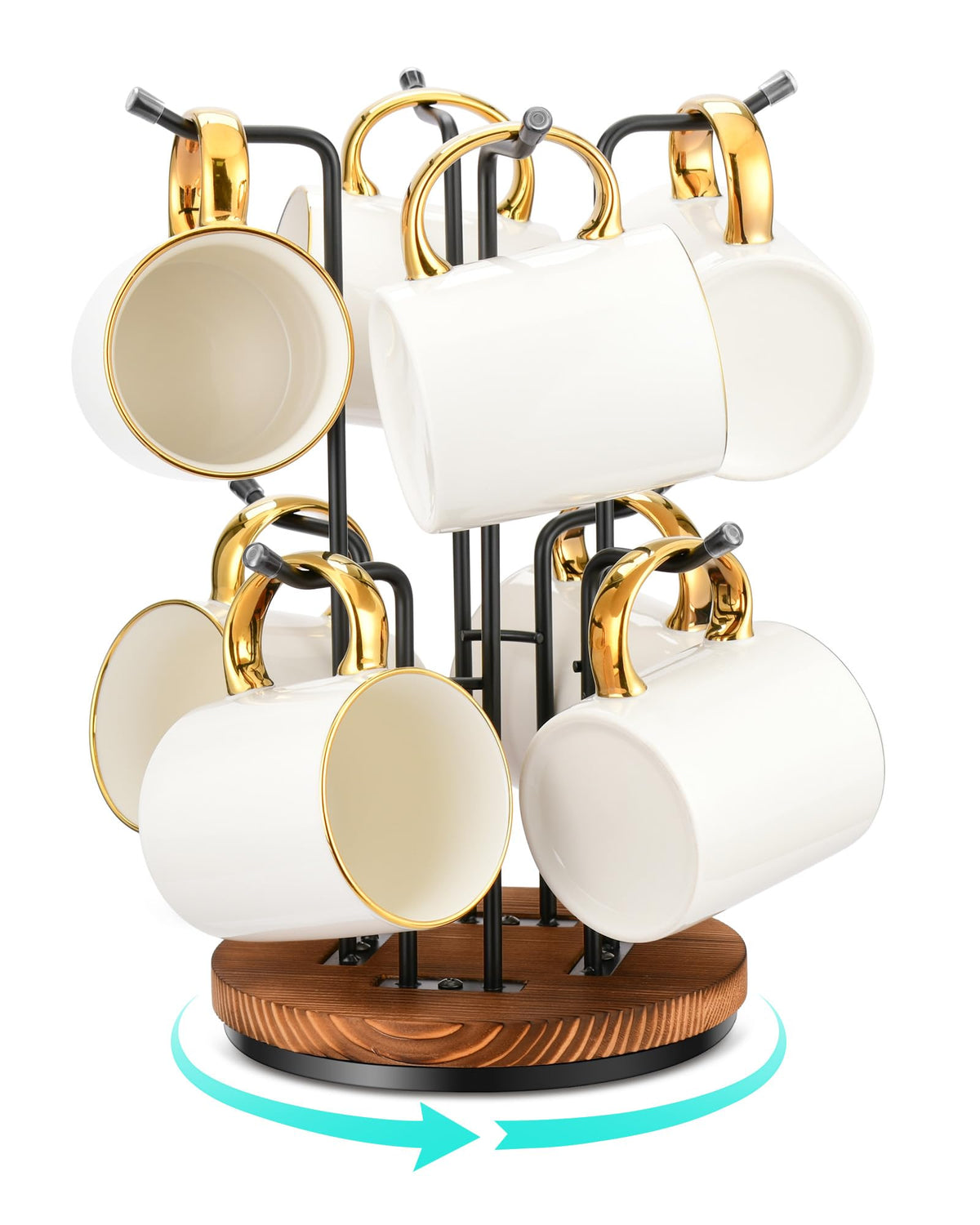HULISEN 360° rotating mug tree with base and hooks for easy mug access.