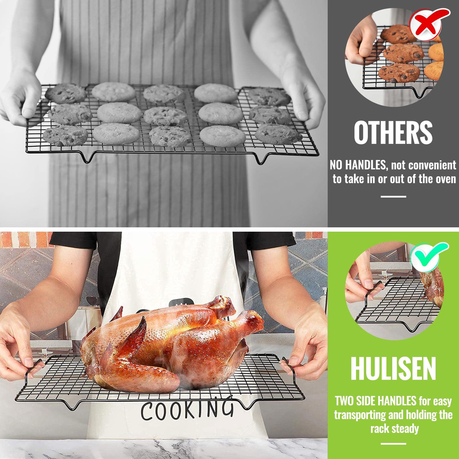 HULISEN cooling rack with dual handles for easy oven transfer.