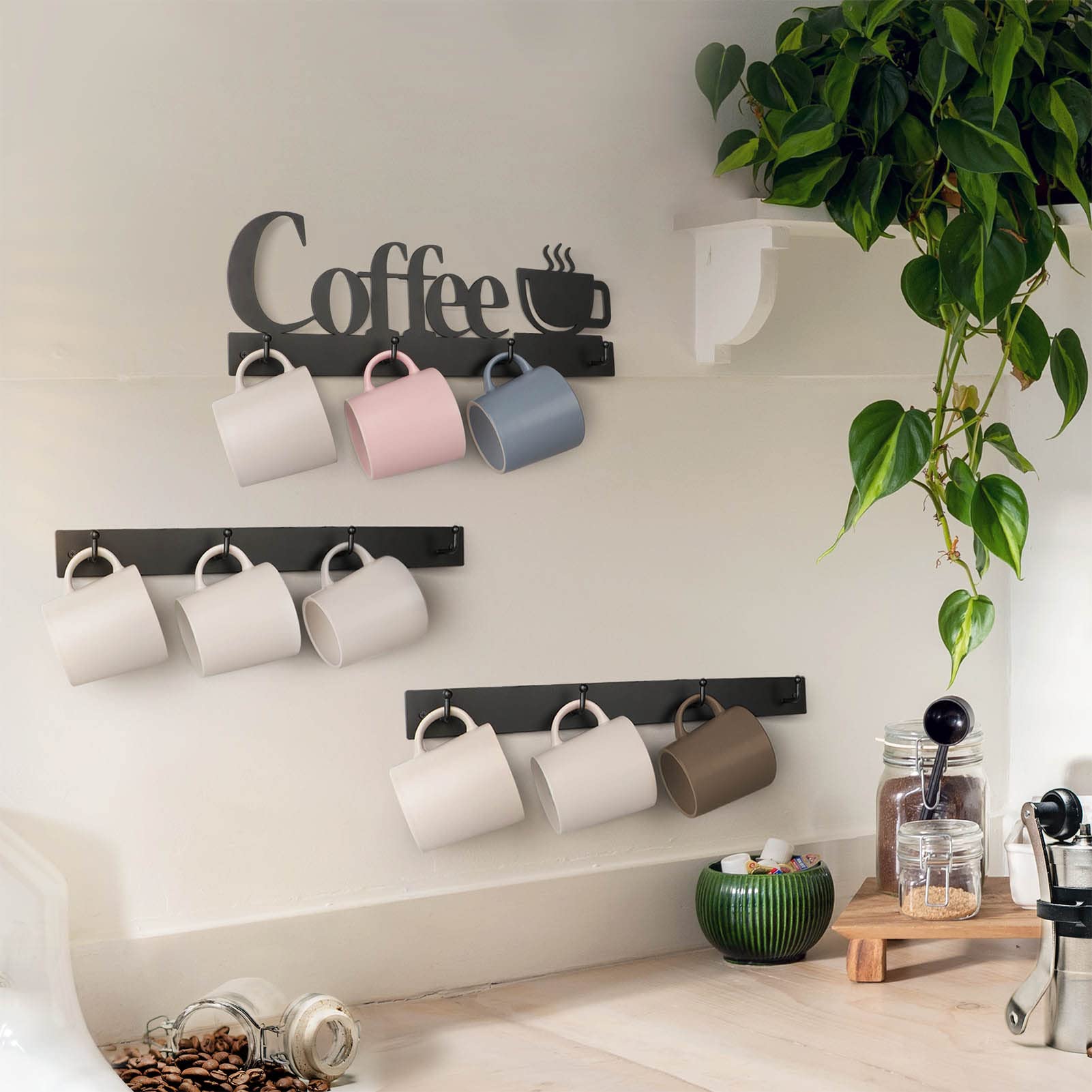 HULISEN kitchen display keeps mugs within reach above the coffee corner