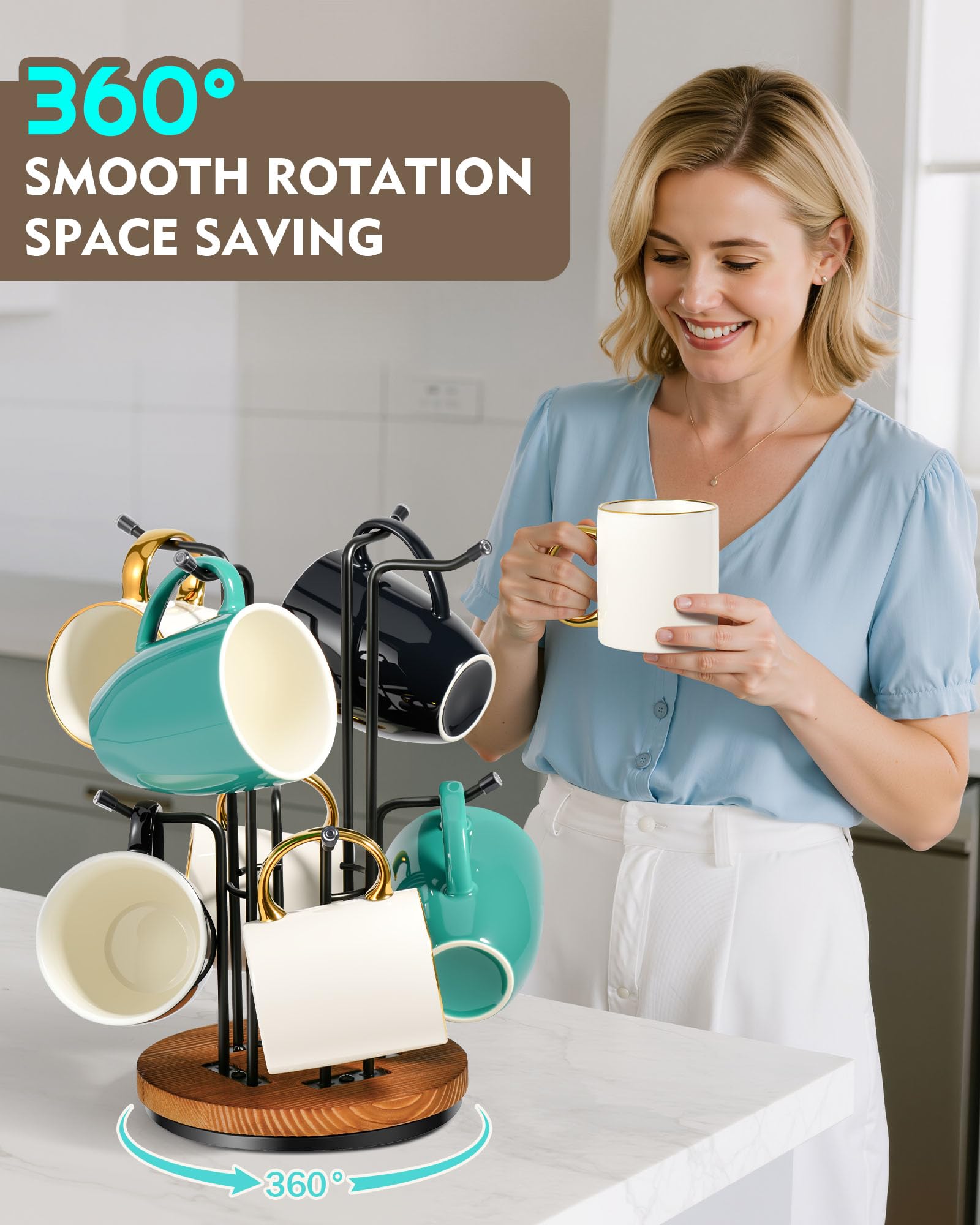 HULISEN mug tree with 8 hooks for space-saving kitchen organization.
