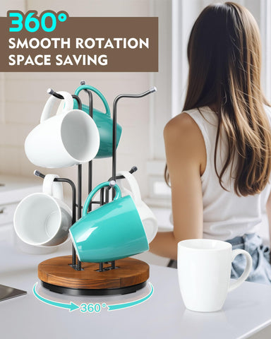 HULISEN mug tree with six hooks keeps mugs organized.