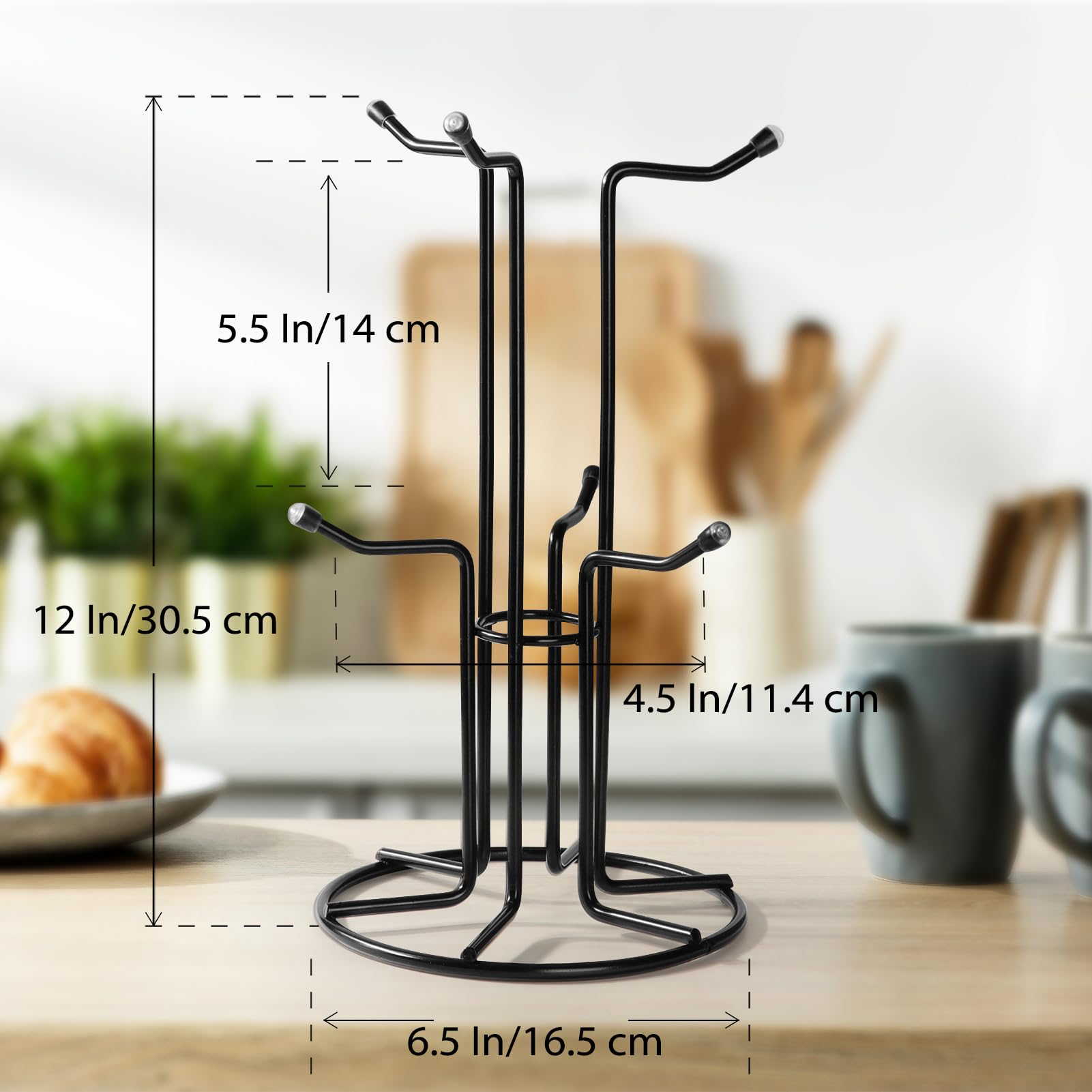 HULISEN Mug Tree uses upward arc hooks to prevent mugs from slipping.