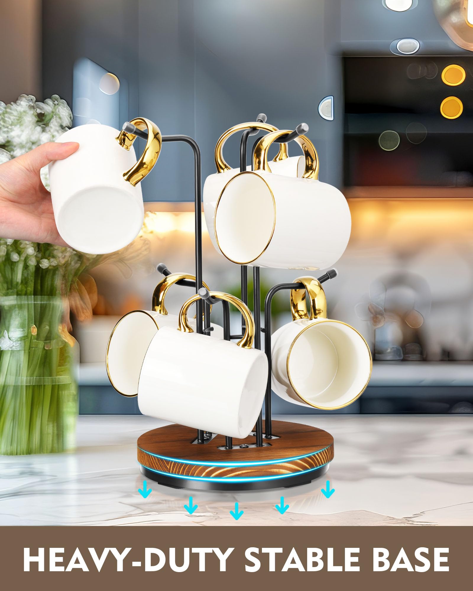 HULISEN mug tree wooden base provides stable support.