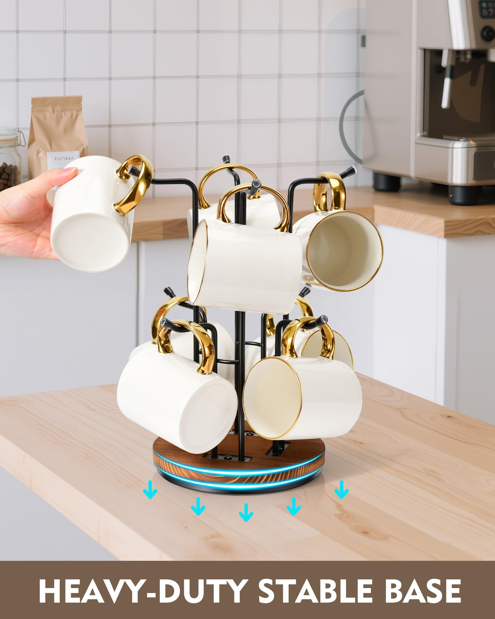 HULISEN stable wooden base mug rack delivers wobble-free stability.