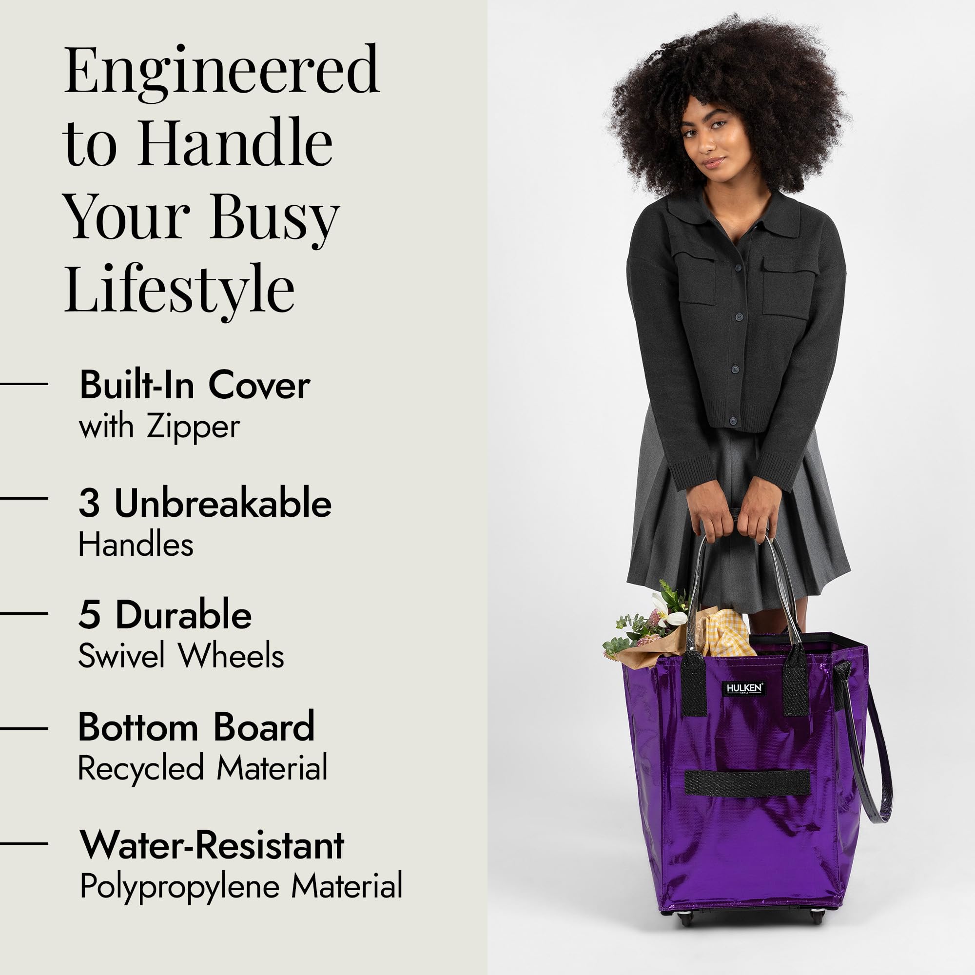HULKEN wheeled tote in ultraviolet finish ready for shopping trips.