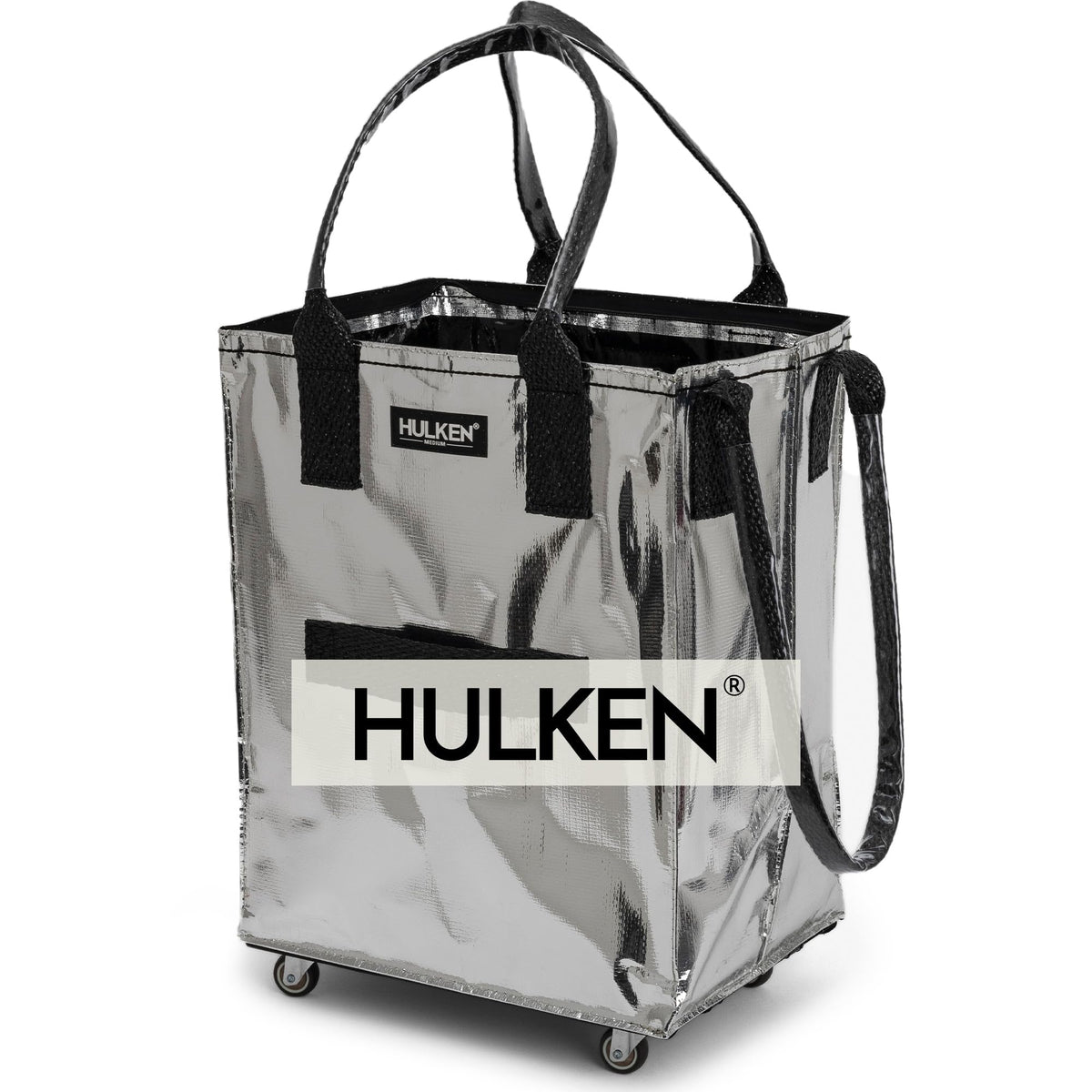 HULKEN medium silver bag on wheels carrying groceries with ease.