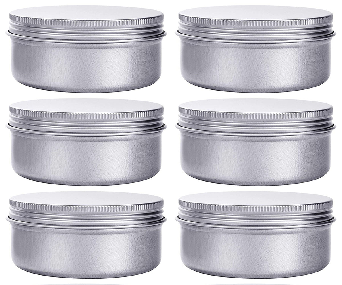 Hulless 6 oz aluminum tin with screw lid showing secure leak-proof seal.