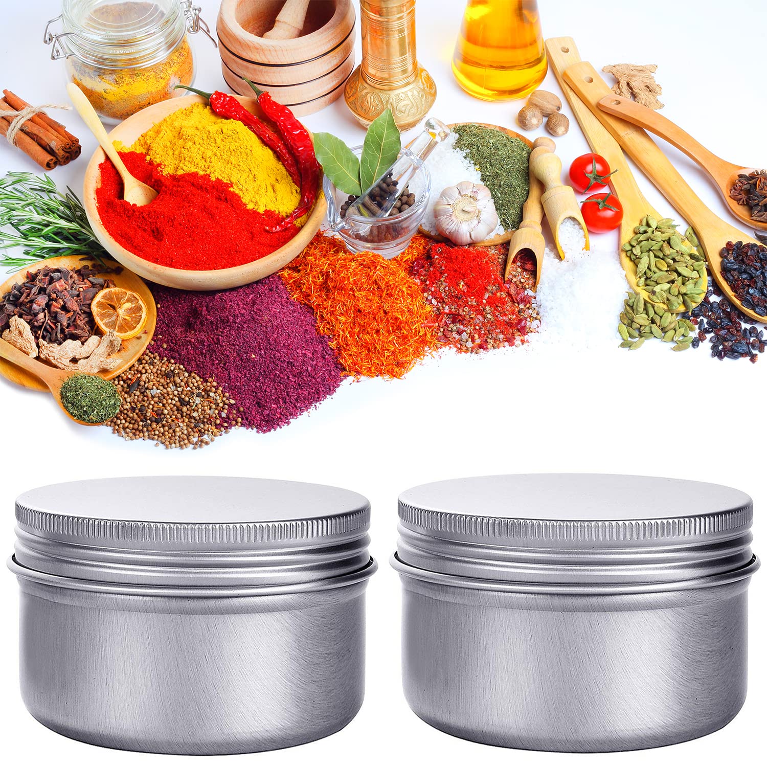 Hulless storage tin suitable for spices and herbs in the kitchen.