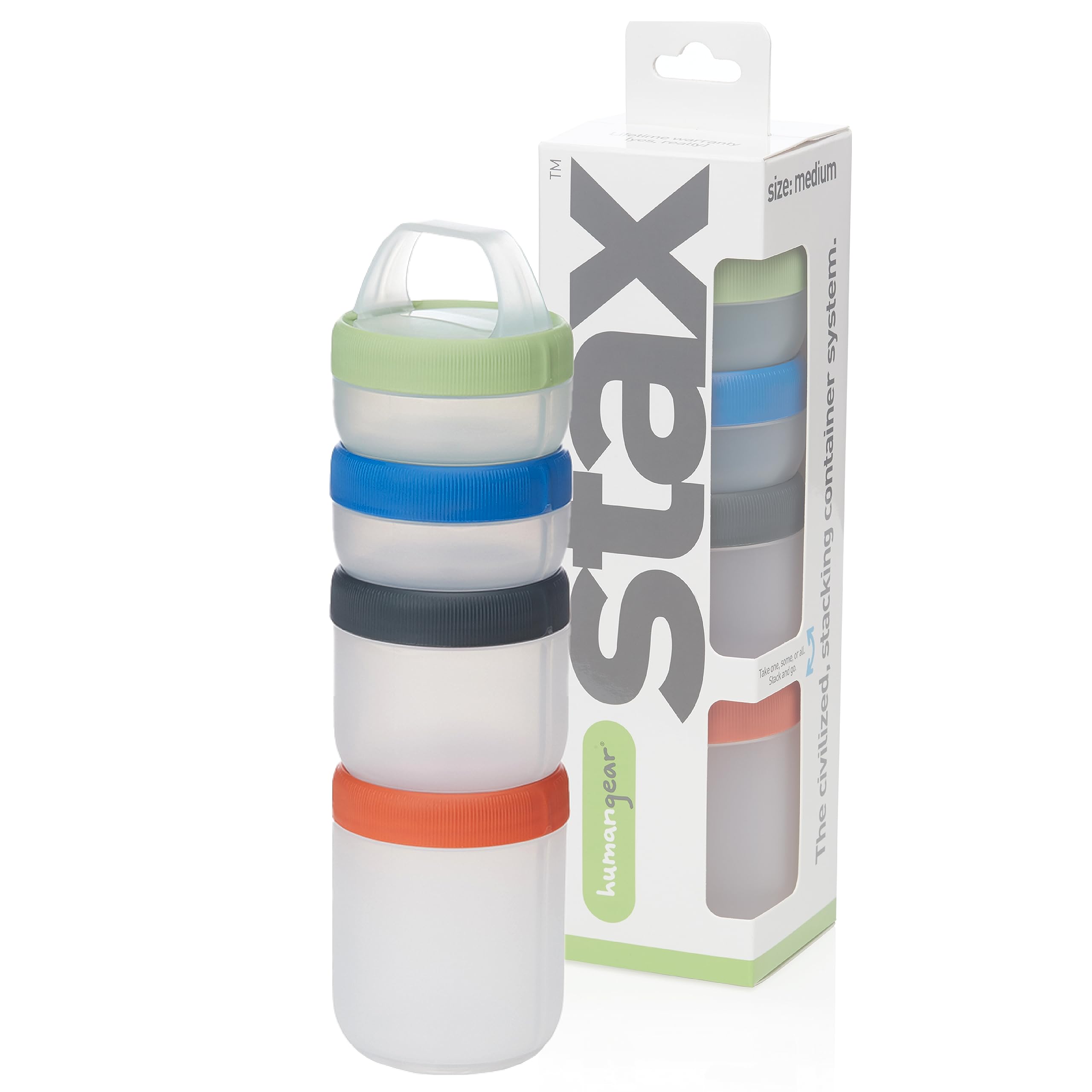 humangear STAX stackable snack containers in a compact 4-piece set for on-the-go storage.