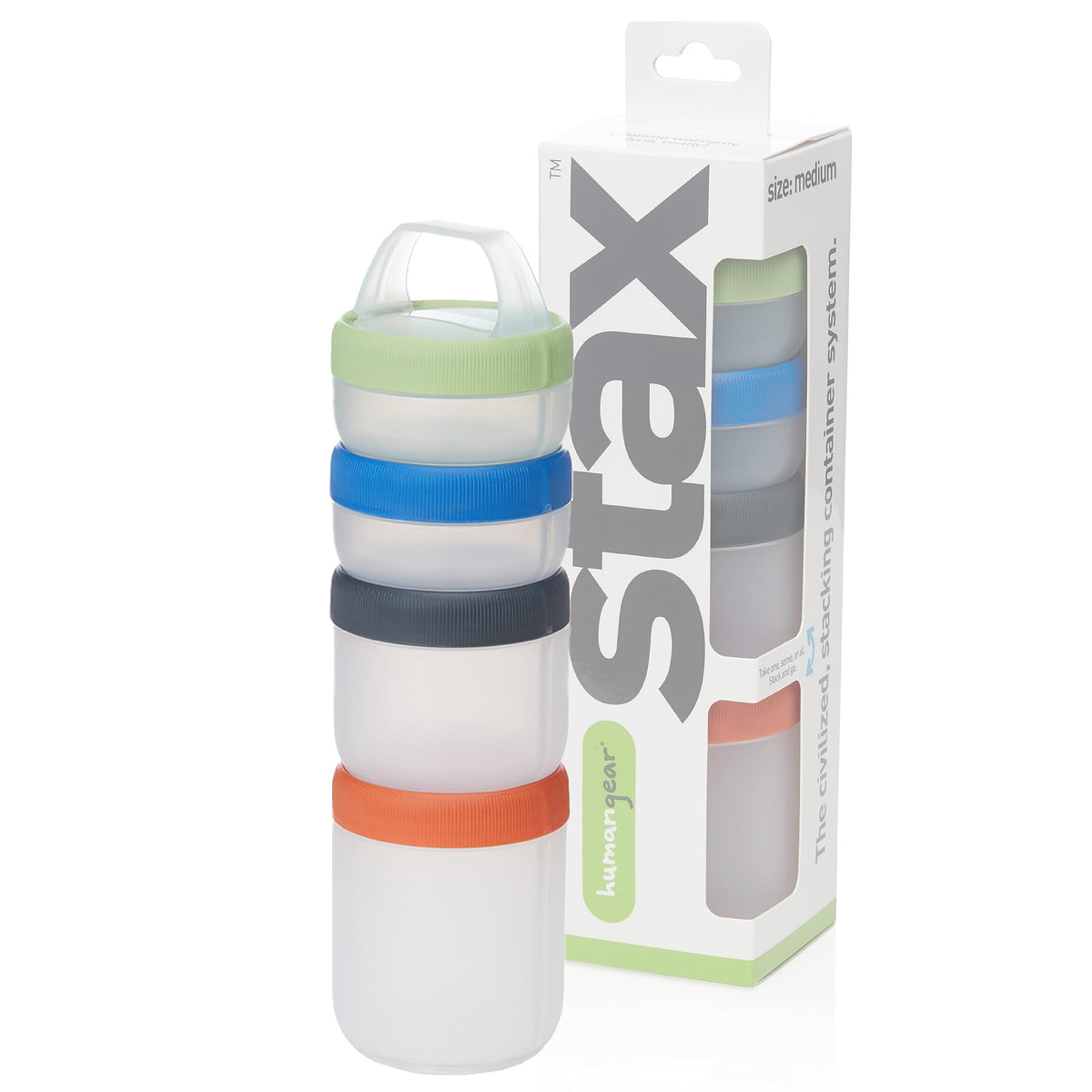 humangear STAX stackable snack containers in a compact 4-piece set for on-the-go storage.