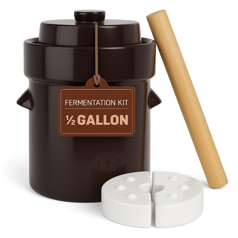 Humble House 2L fermentation crock kit on kitchen counter for easy at-home sauerkraut.