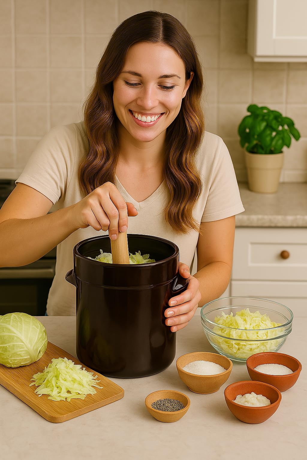 Kitchen scene with Humble House fermentation crock, ready for home pickling.