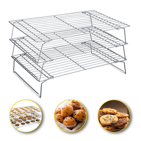 Hunnycook three-tier cooling rack stack demonstrates space-saving design for multi-level cooling.