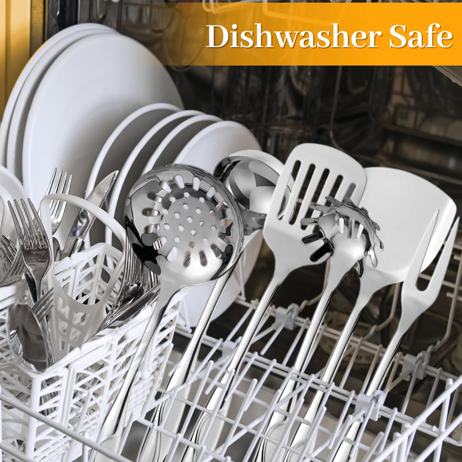 Hunnycook stainless steel utensils set on hanging display for quick access.
